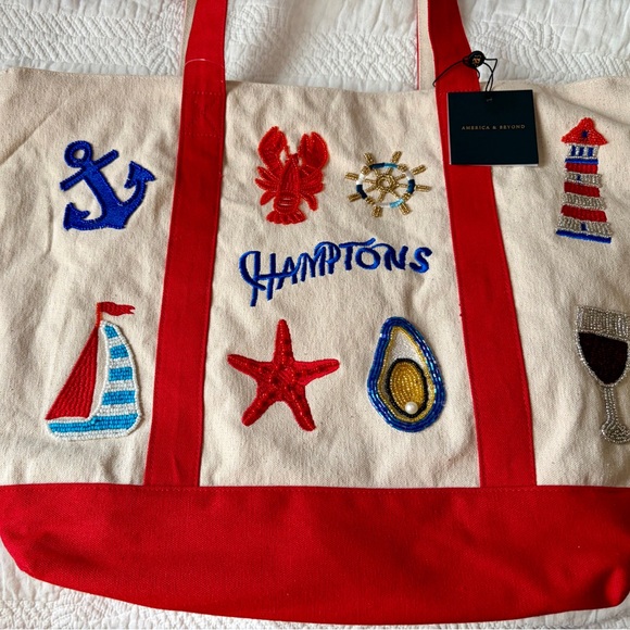 America & Beyond 'Hamptons' Limited Edition Beaded Canvas Tote-Red and Cream - Picture 7 of 11